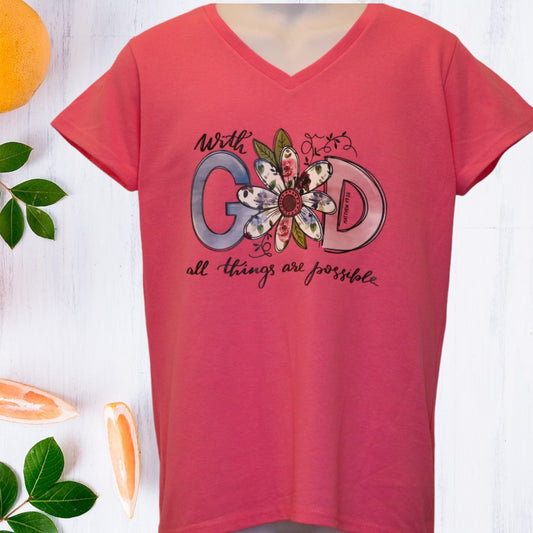 V-neck With God All Things Are Possible - Pink